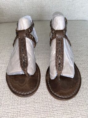 Sz 8.5 M Womens Frye Carson T-Strap Brown Leather Flat Sandals 3472189 Boho